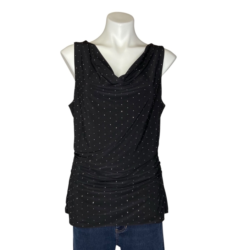 WHBM Ruched Cowl Neck Metal Tiny Polka Dot Sleeveless Tank Top Black Large